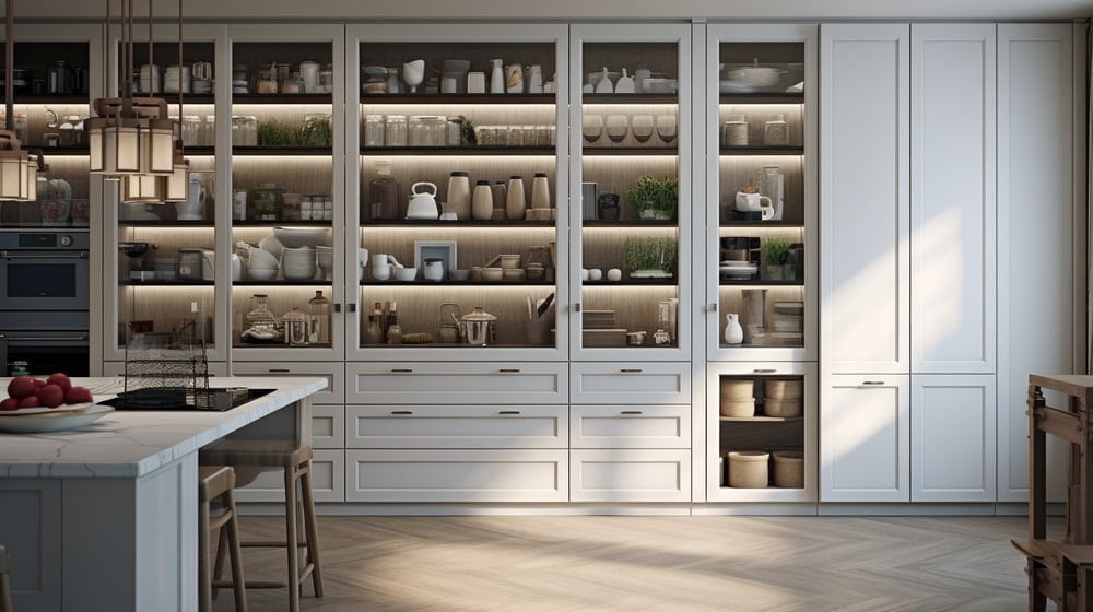 White kitchen pantry with glass doors and drawers under them