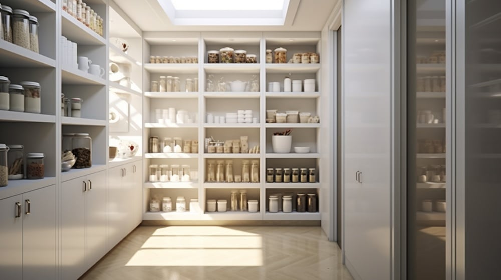 white pantry with open shelves and storage