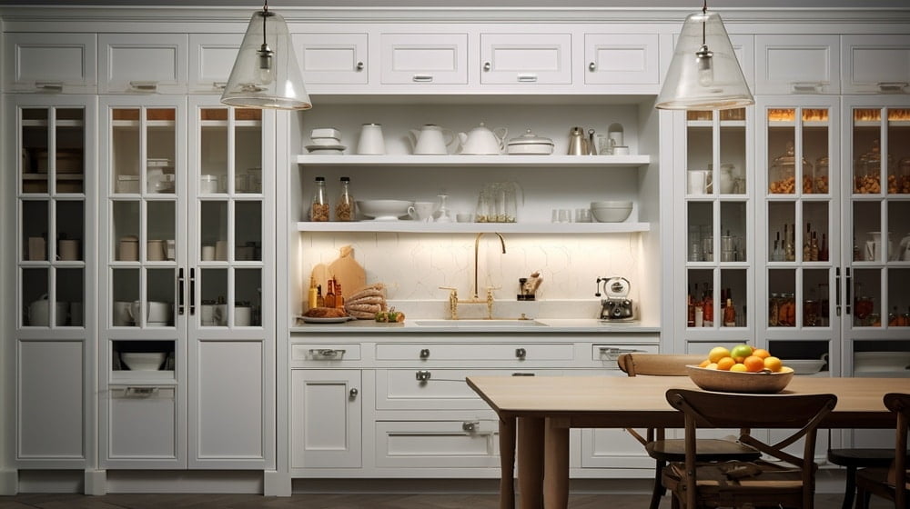 Classic style pantry cabinets with glass inserts in a kitchen
