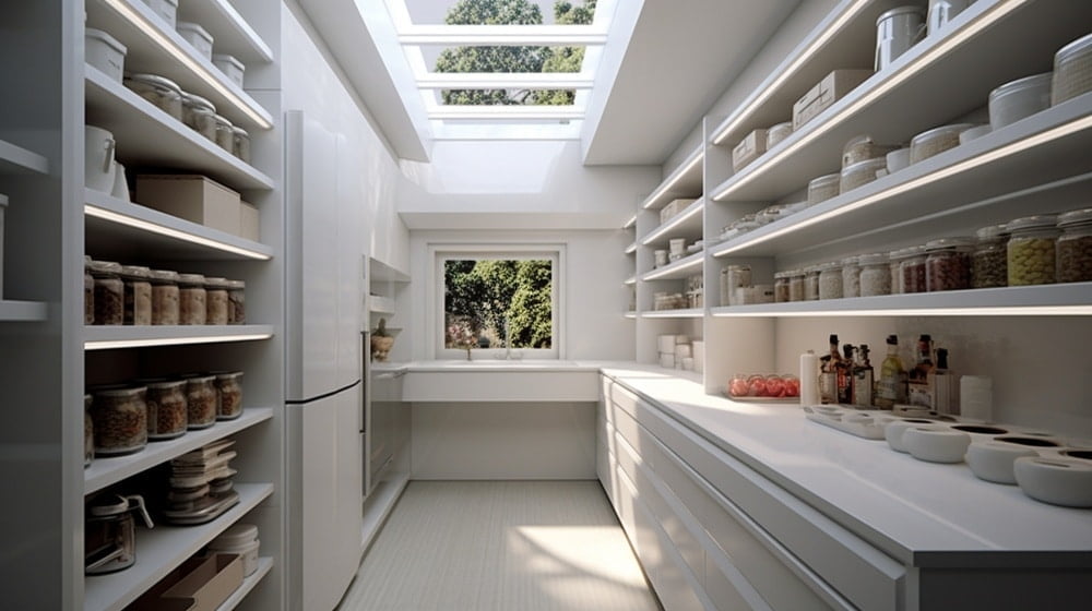 White kitchen pantry with sleek shelves full of jars