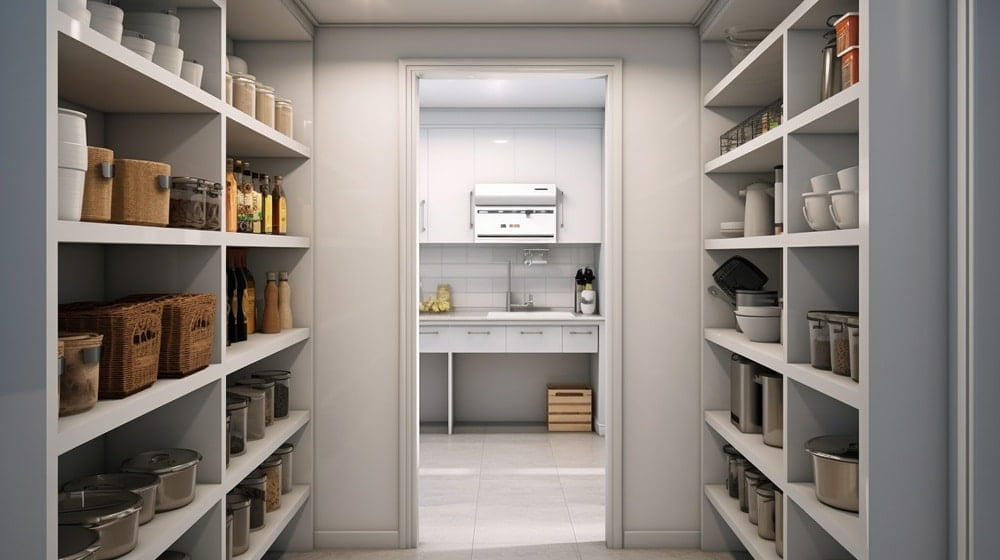 Small walk in pantry with shelves that has jars and items on them
