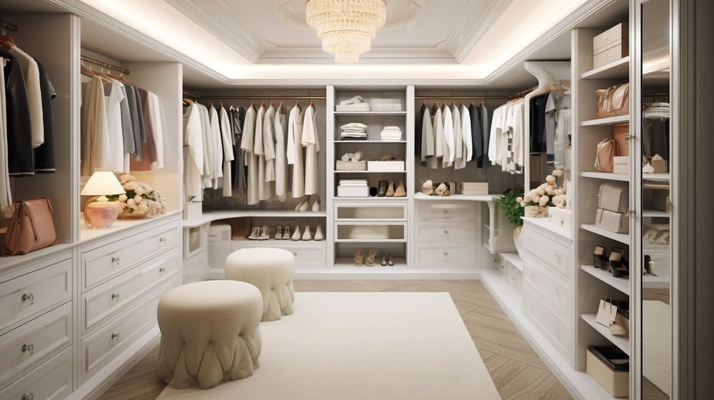 Luxury white walk in closet with hangers and drawers