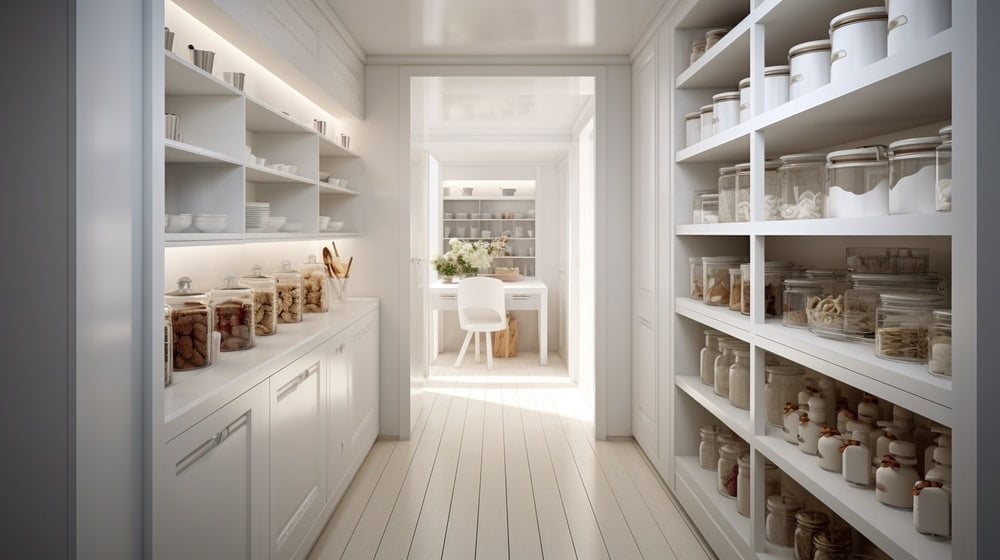 Small walk in pantry with handleless drawers and a sliding door