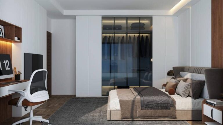 Bedroom with custom white and glass wardrobe closet