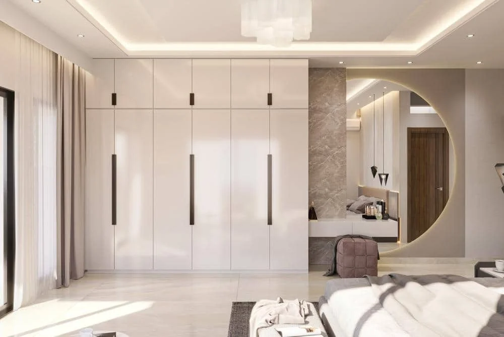 Luxurious wardrobe closet with led lighted ceiling