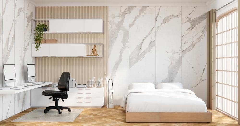 Modern bedroom with marble walls and wall hung desk