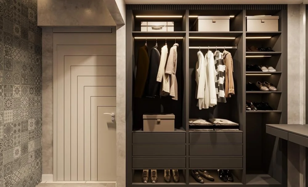 Custom modern wooden closet with shelves and rods
