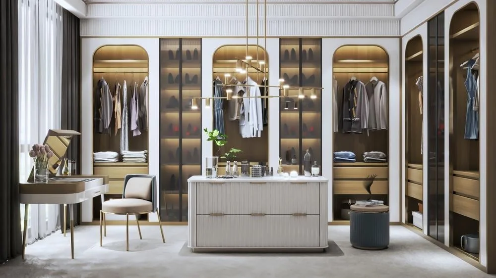 modern and luxury walk in closet with glass inserts
