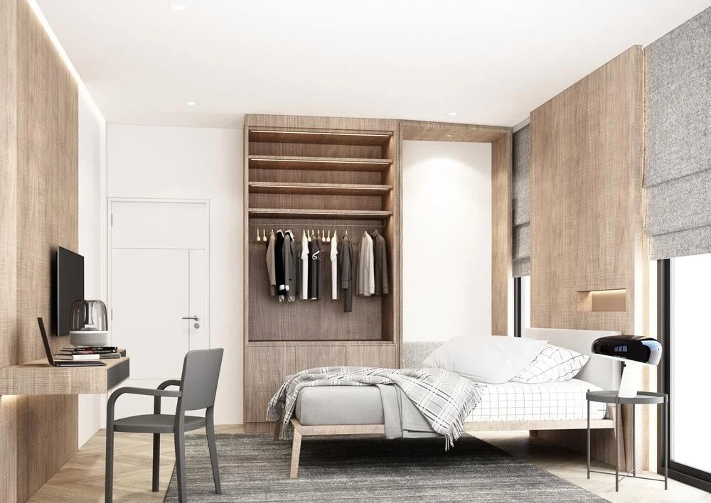 Modern bedroom with doorless built in closet