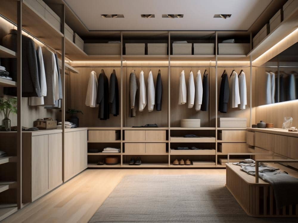 Large modern sleek walk in closet with upper shelves