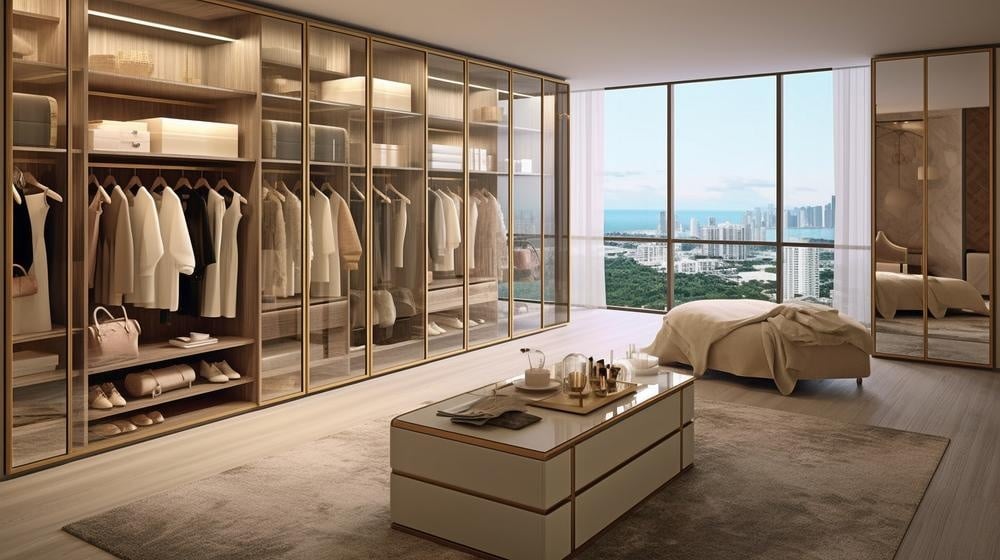 Large walk in closet with glass inserts and a large window