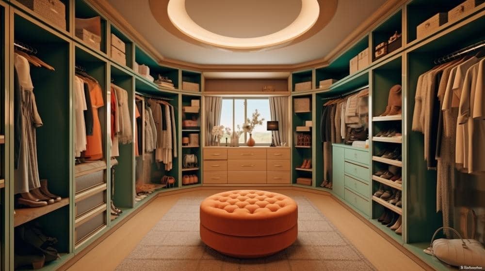 Large and colorful walk in closet with round ottoman and round ceiling light