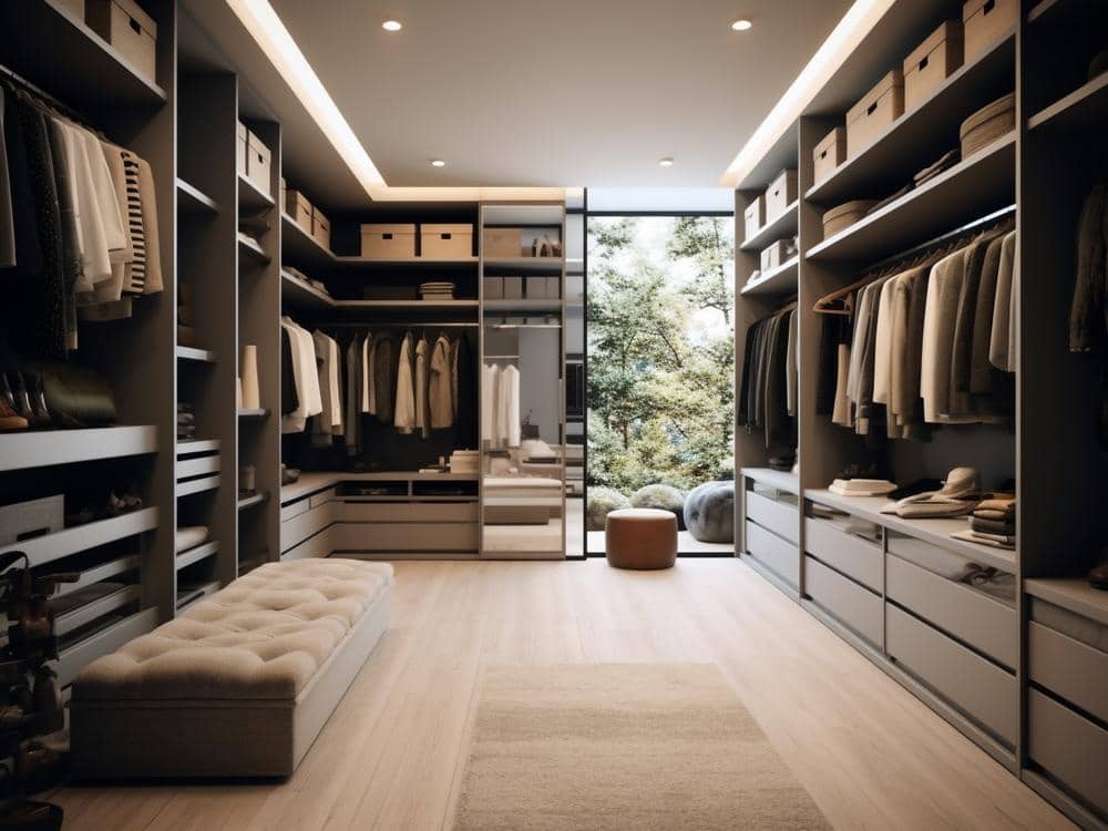 Modern walk in closet design with large bench and ottoman
